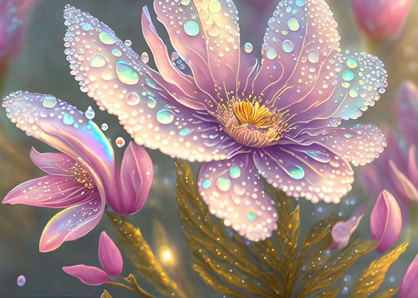 Digital Artwork: Dewy Purple Flowers with Golden Highlights