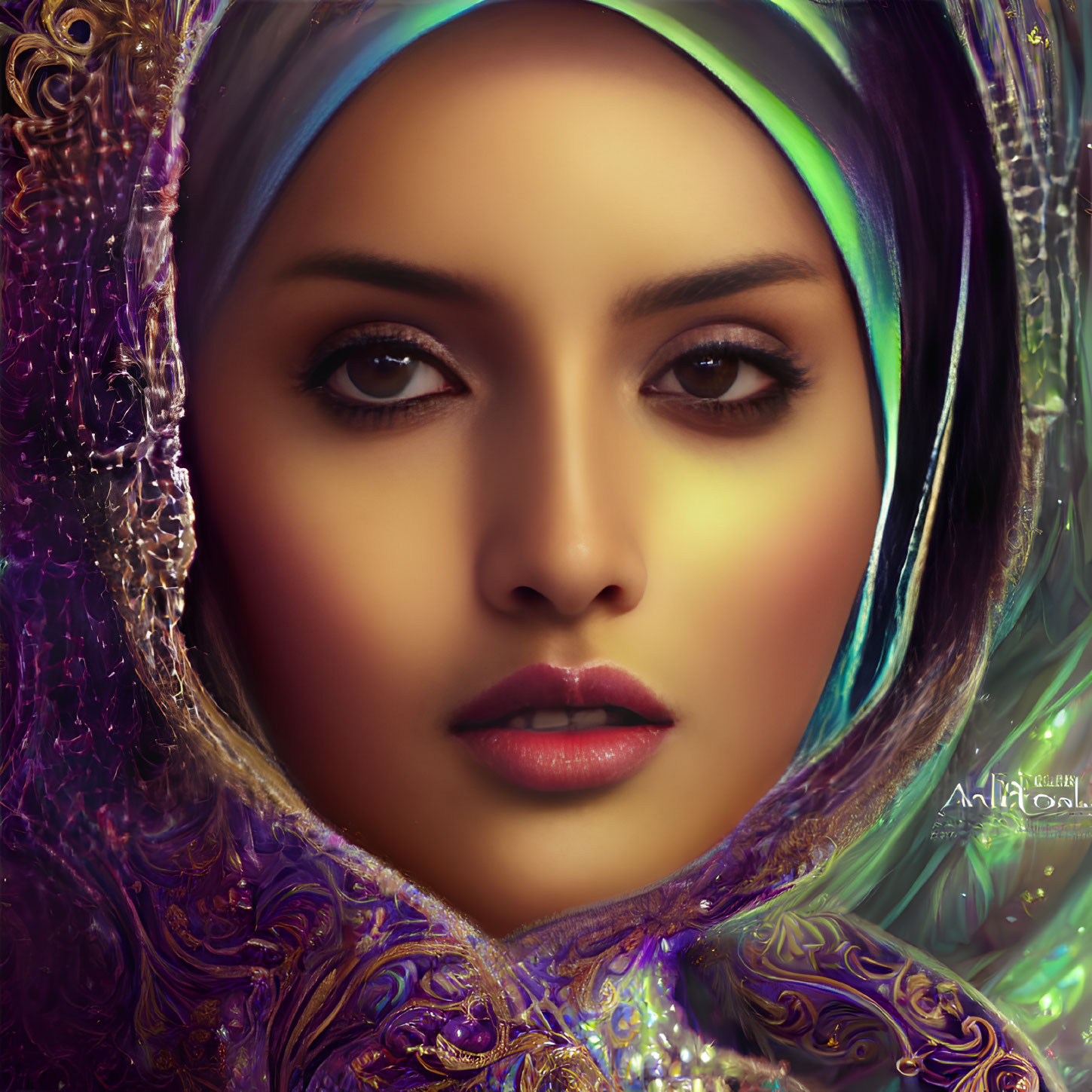 Detailed Digital Portrait of Woman with Colorful Scarf