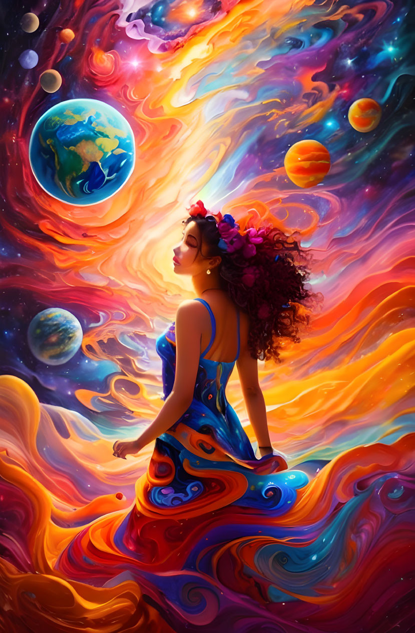 Woman with Flowers in Hair Surrounded by Cosmic Swirls and Planets