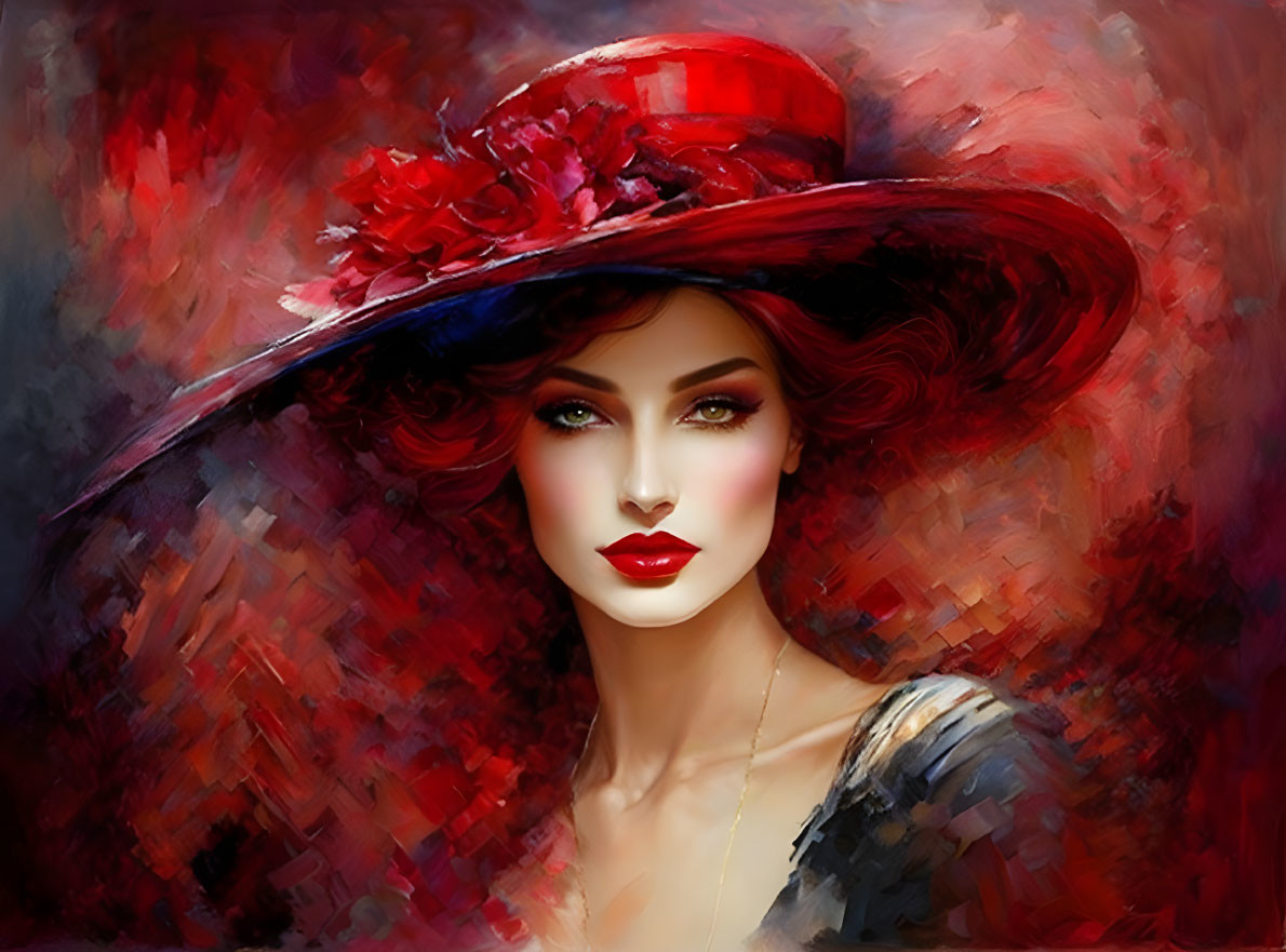 Vivid red and dark hues with a woman in a hat and red lips