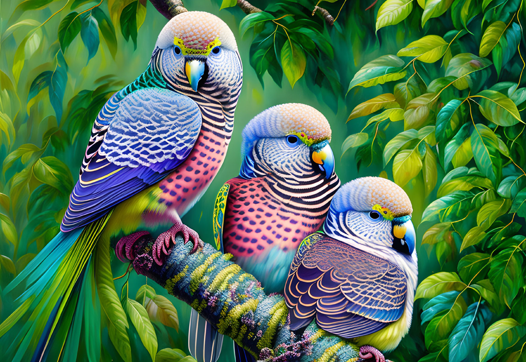 Vibrant budgerigars on branch with green foliage