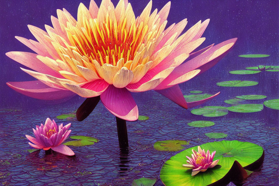 Colorful Water Lily Blooming on Purple Water Surface