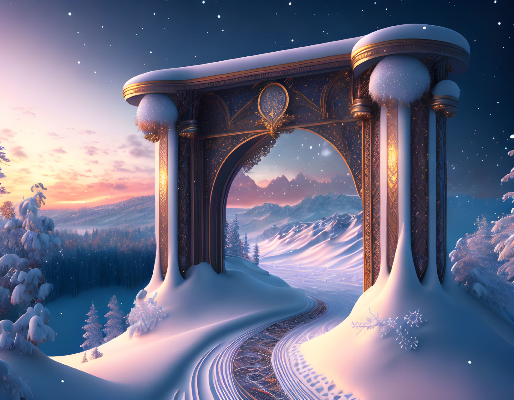 Detailed Pillared Archway Overlooking Snowy Railway Track and Mountain Landscape