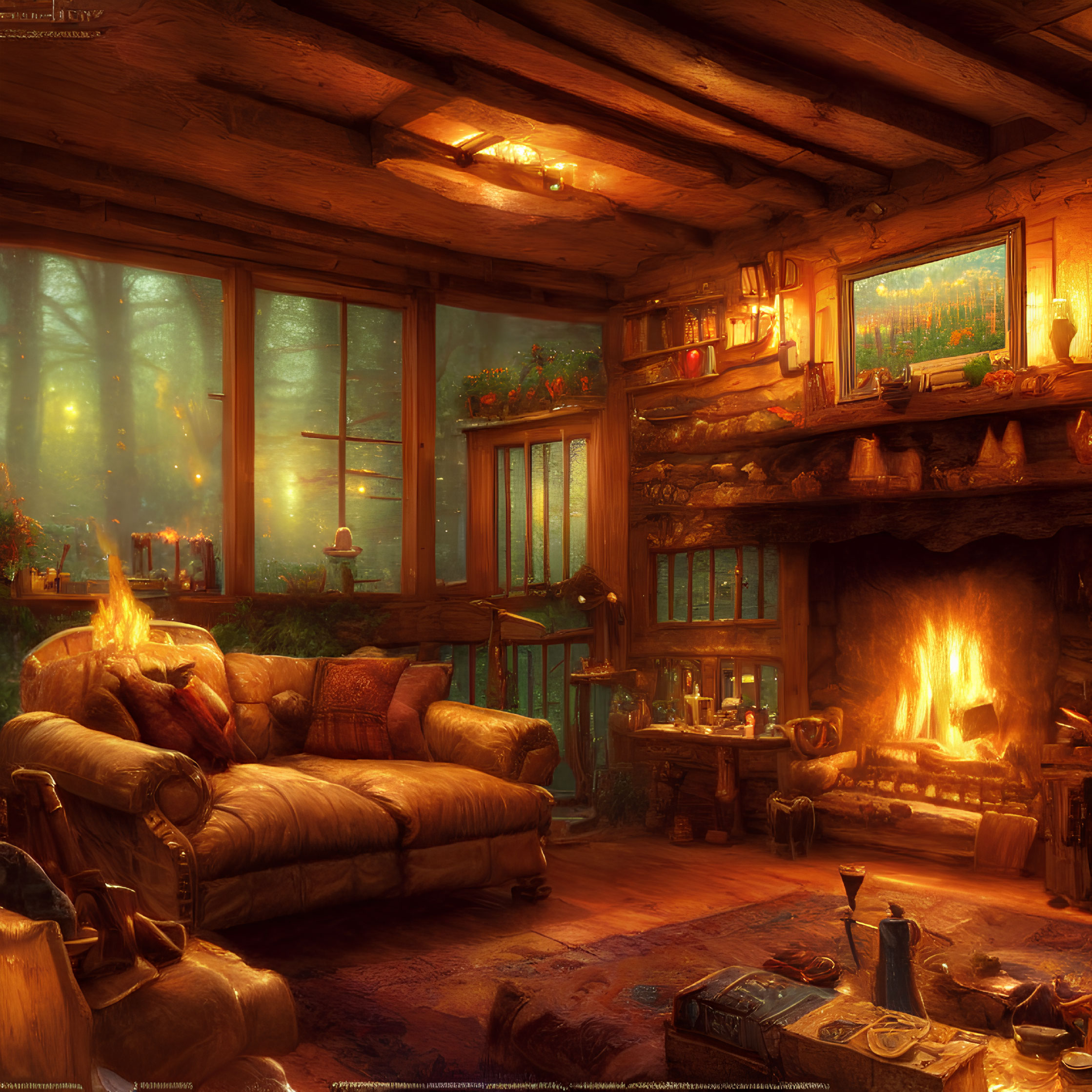 Warm Fireplace & Plush Sofas in Cozy Cabin Interior