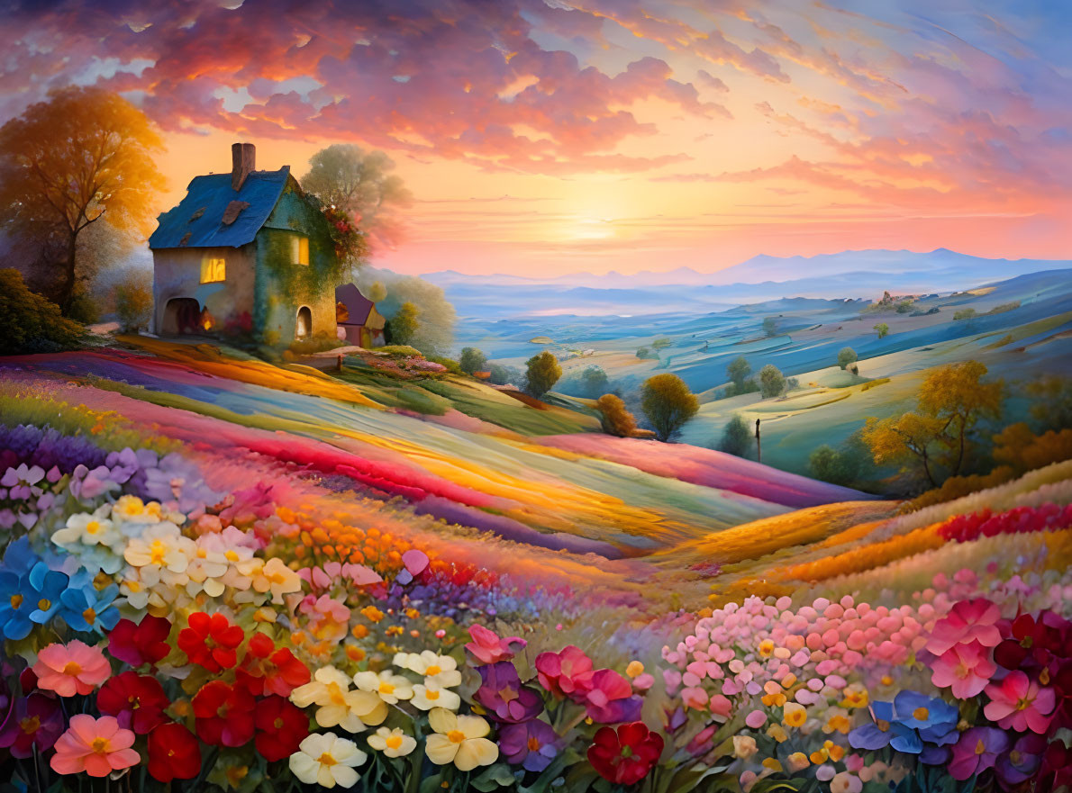 Colorful Flower Fields Surround Quaint Cottage at Sunset