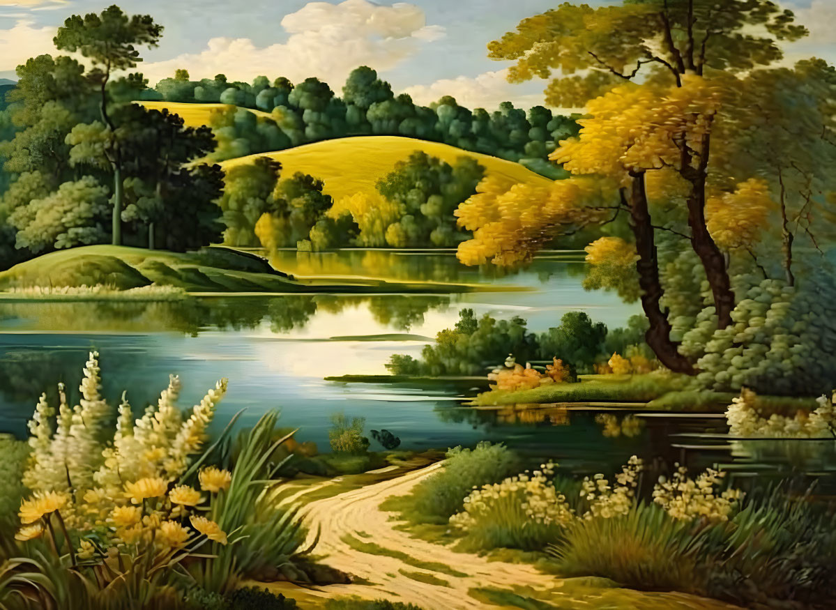 Tranquil landscape with path, lake, trees, flowers, and hills