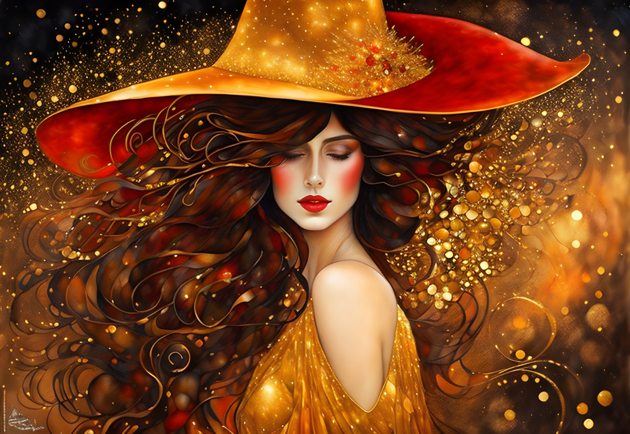 Digital artwork: Woman with flowing brown hair, red and gold hat, surrounded by golden lights