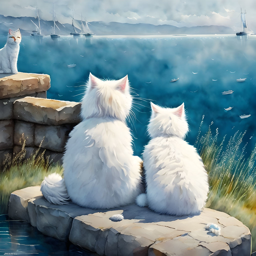 Fluffy white cats on rocky ledge by the sea with boats and blue sky