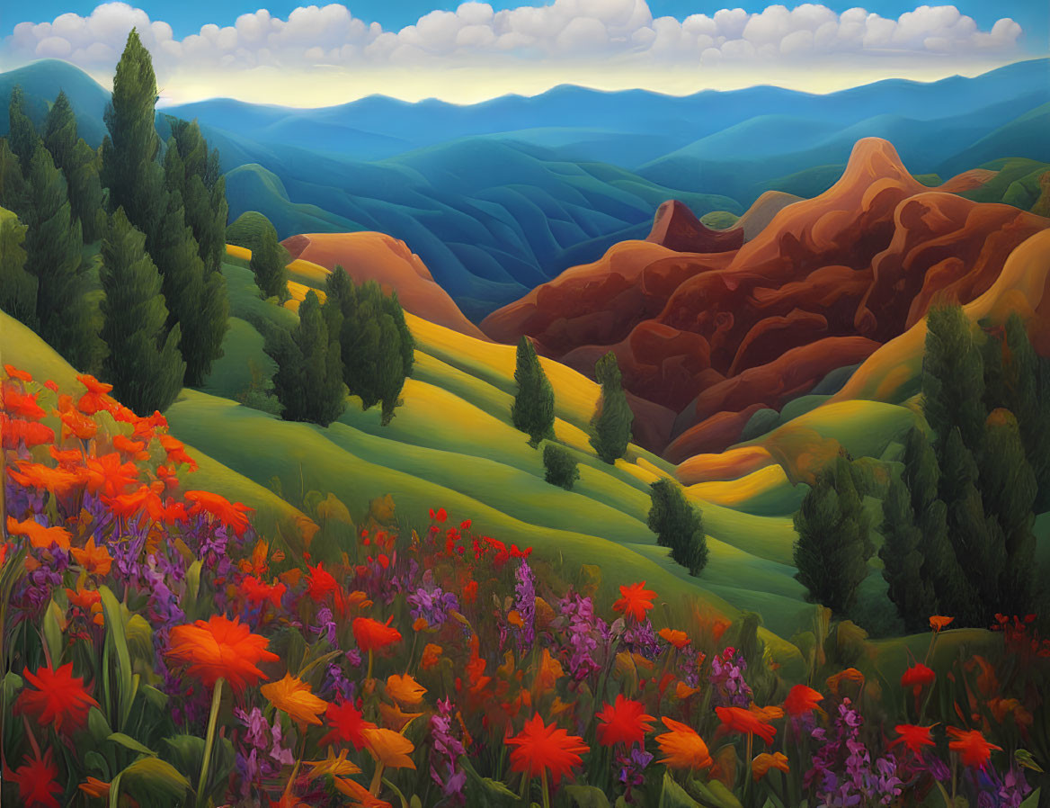 Colorful Landscape Painting: Rolling Hills, Wildflowers, Mountains