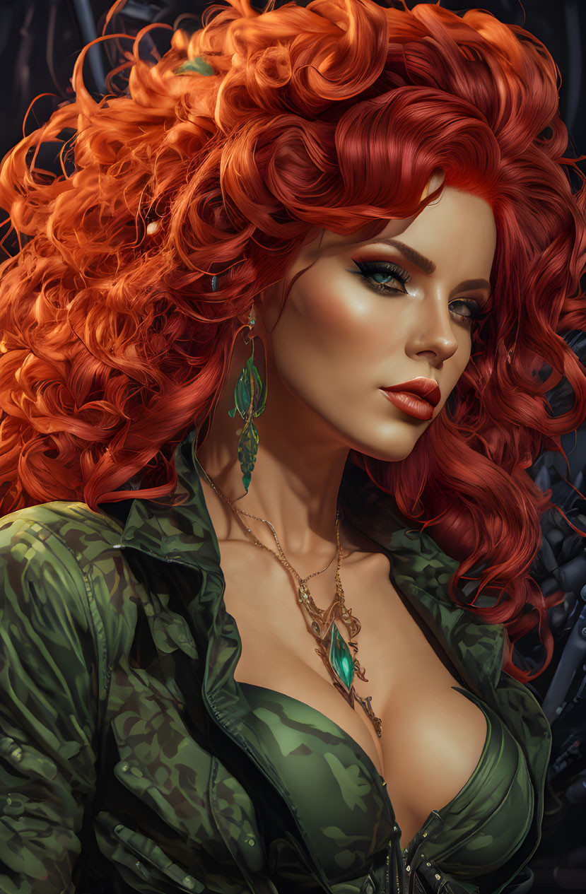 Digital artwork: Woman with voluminous red hair, green eyes, military-style attire.