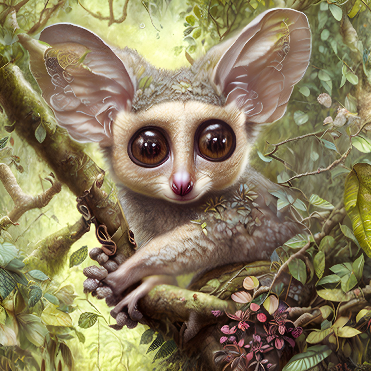 Whimsical creature with large eyes and oversized ears in lush greenery