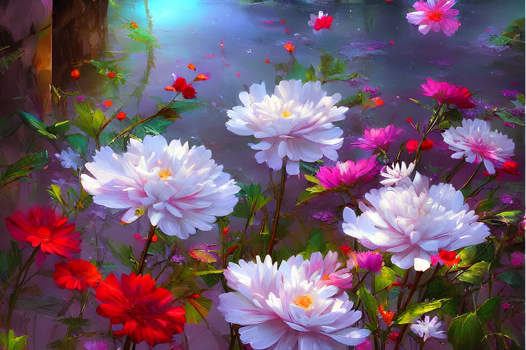 Colorful White and Red Flower Garden Scene with Soft Lighting