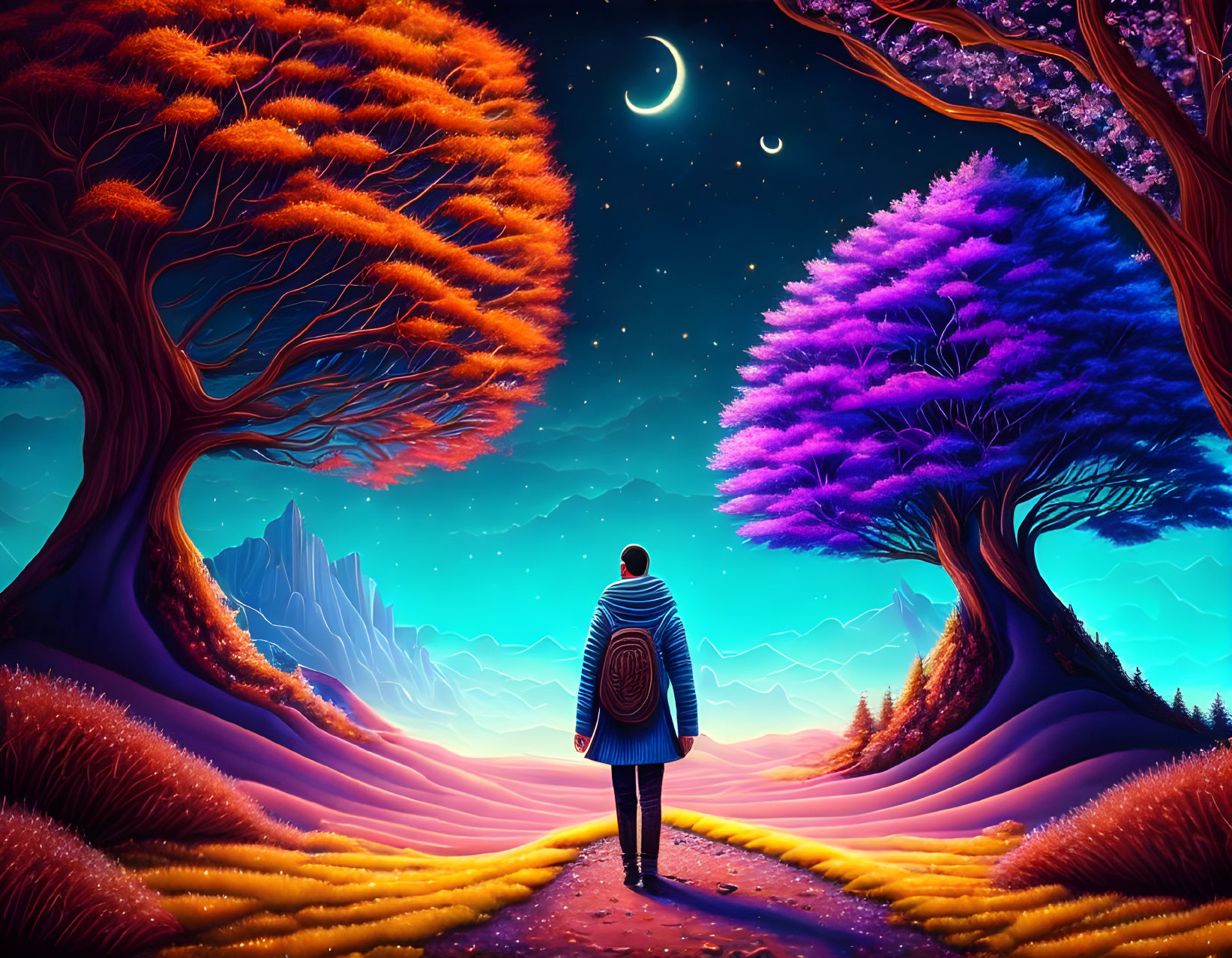 Person on Vibrant Autumn Path Under Starry Night Sky with Crescent Moon and Luminous Mountain Range