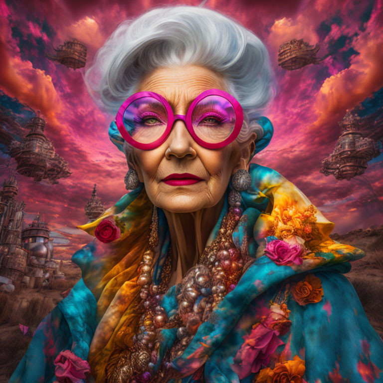 Elderly woman in pink glasses and colorful shawl against fantastical sky backdrop