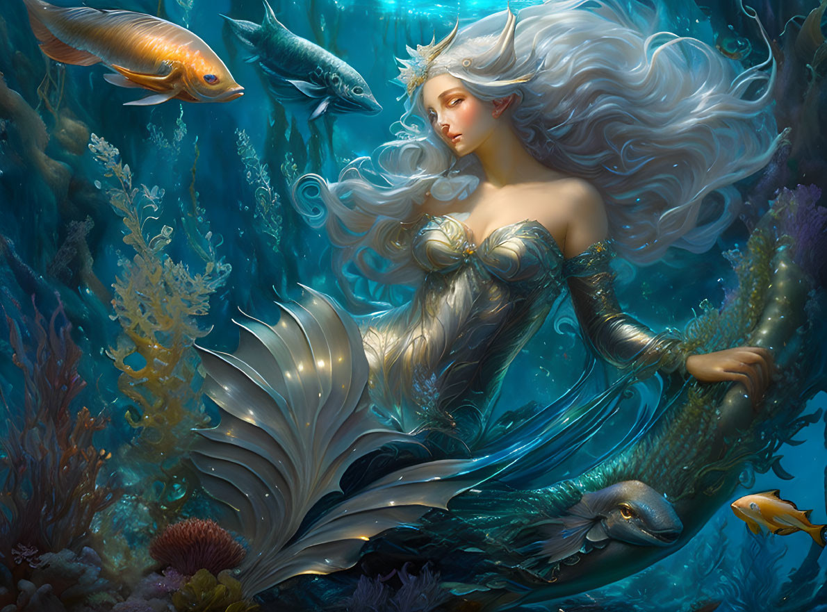 Mermaid with silver tail in vibrant underwater scene surrounded by fish