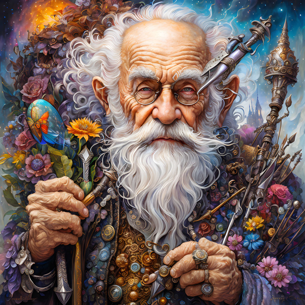 Elderly man with white beard in ornate clothing and staff in colorful, fantastical setting