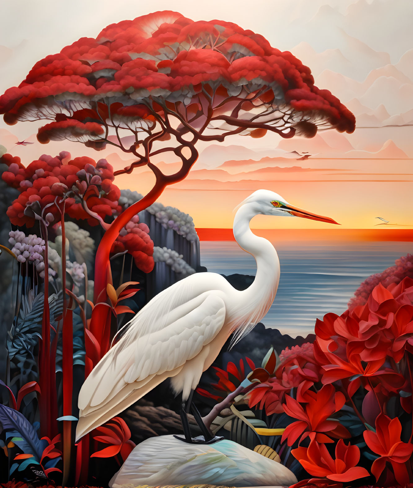 White egret in red foliage under tree with orange sunset by the sea