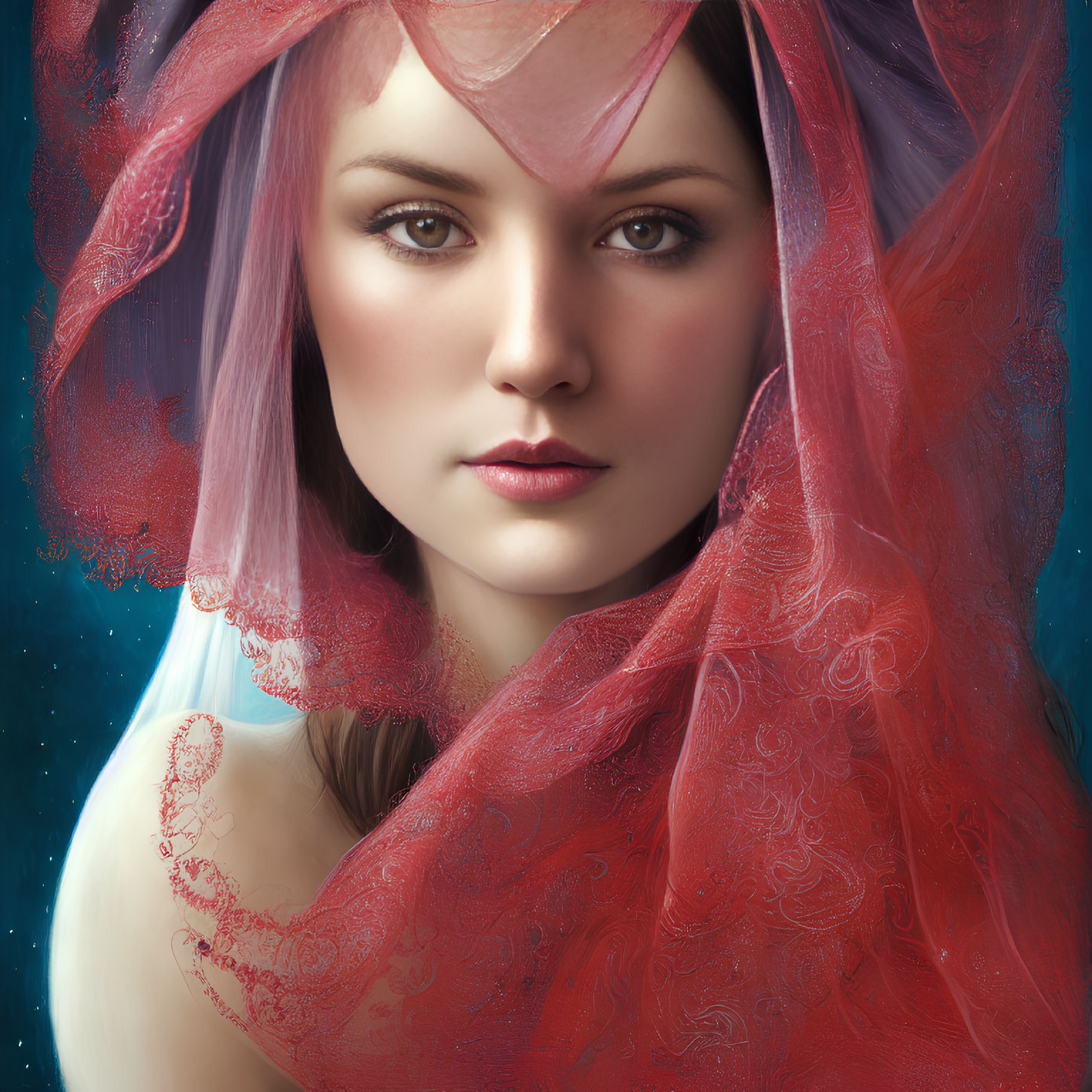 Violet-haired woman with red veil and shoulder tattoo on blue backdrop