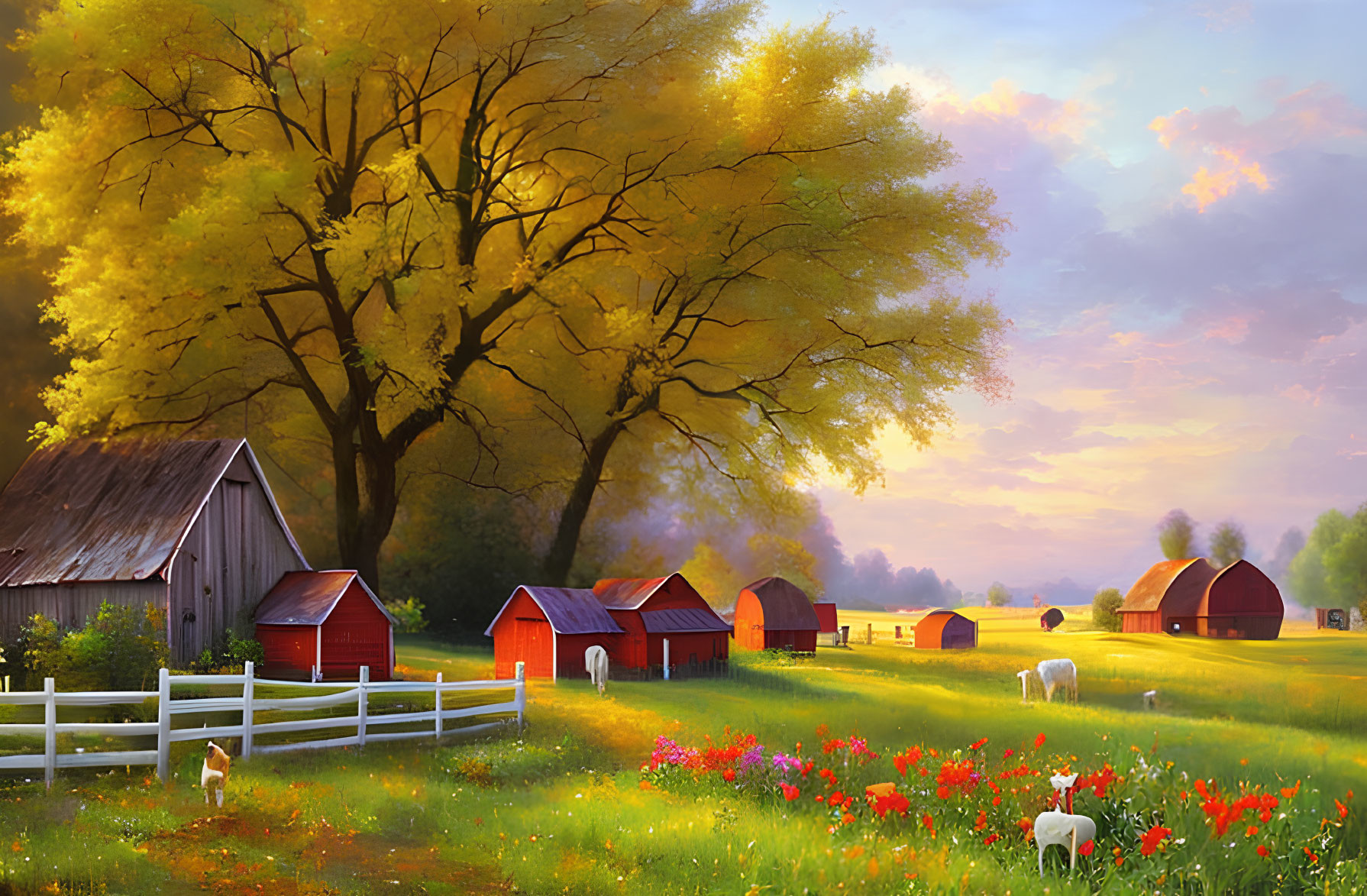 Sunset farm scene: red barns, grazing animals, lush trees, field of red flowers under