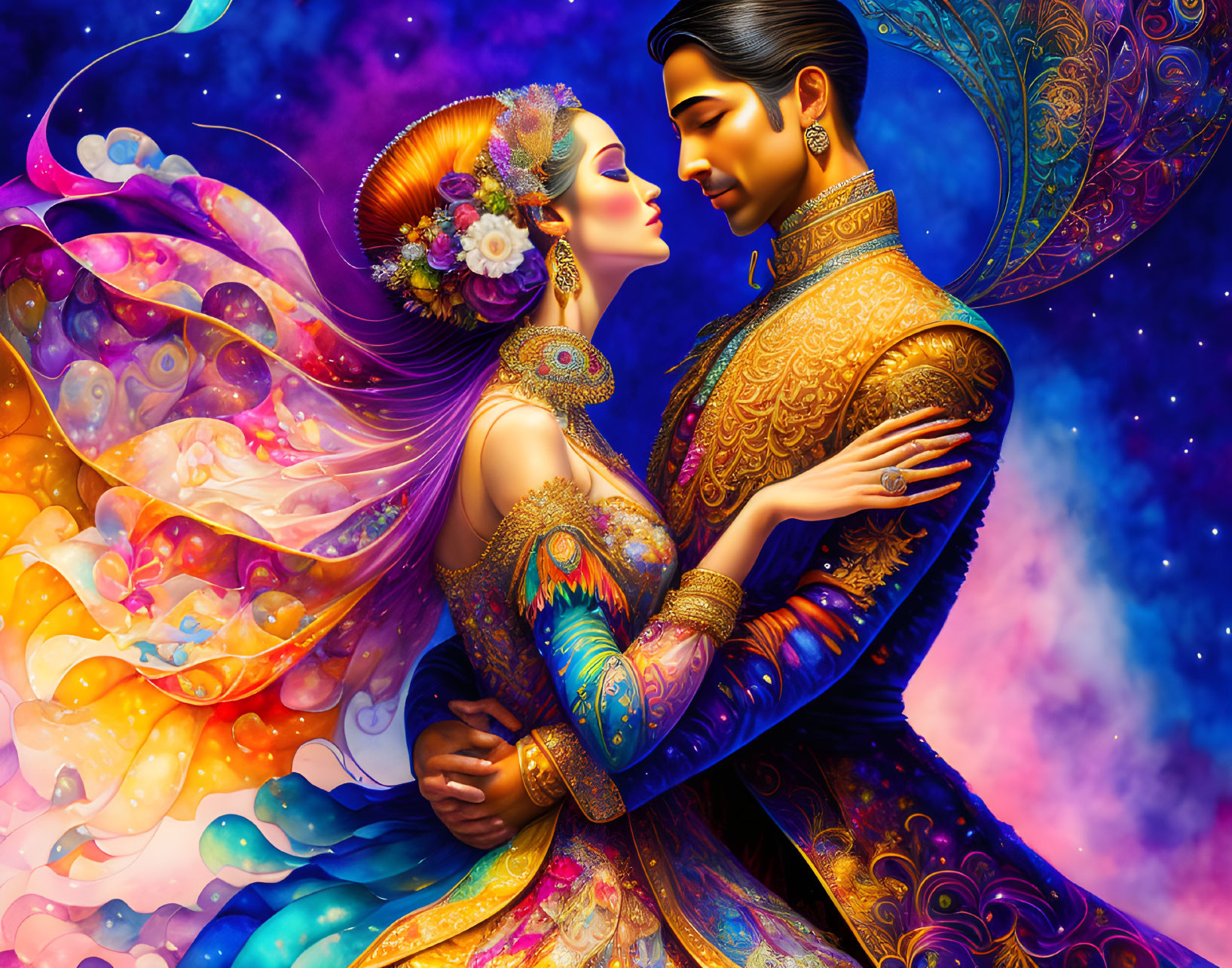 Illustration of couple in traditional attire embraced against cosmic background