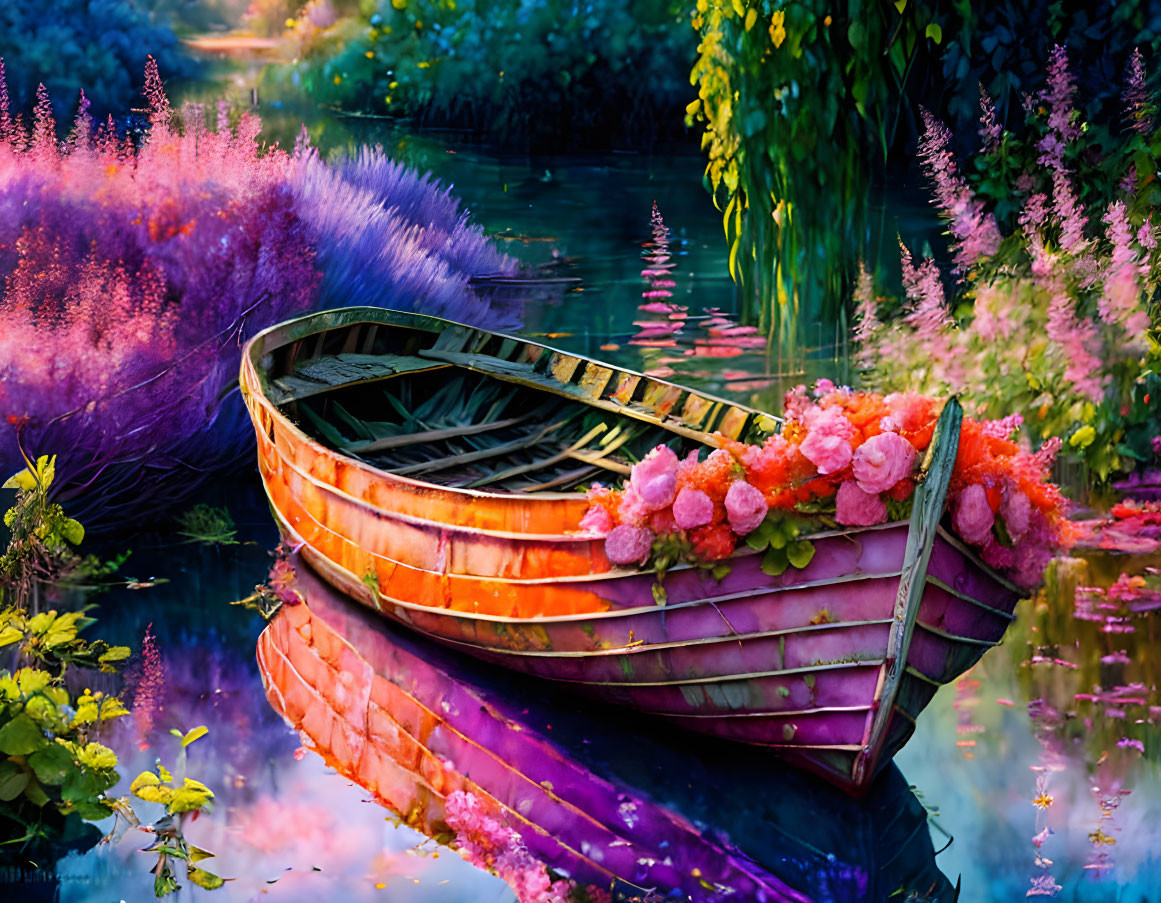 Colorful Painting of Wooden Boat with Pink Flowers in Waterway