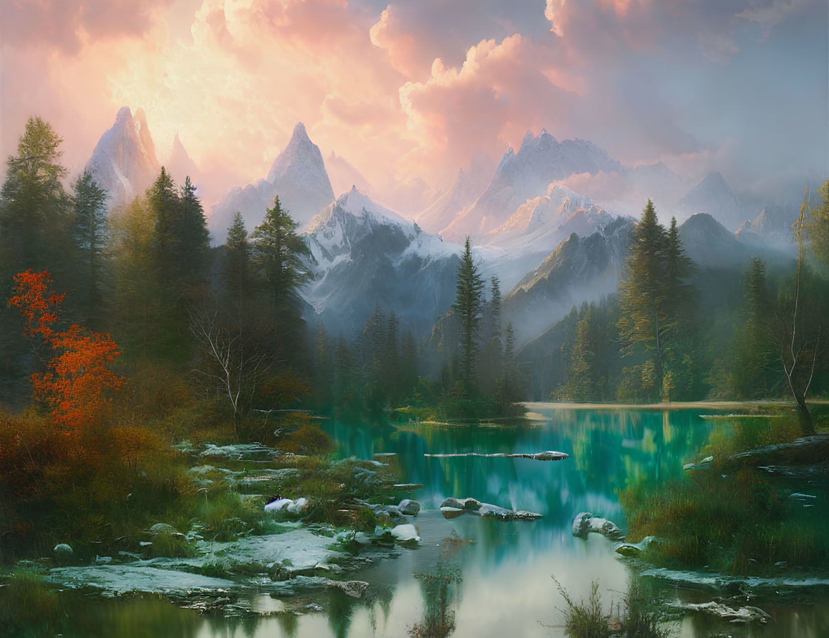 Tranquil mountain landscape at sunset with reflective lake, forests, and snow-capped peaks under pink