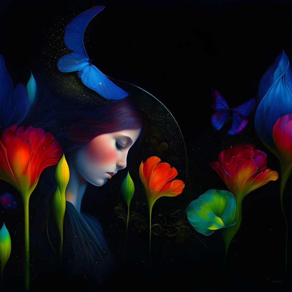 Woman with Butterfly Wing Ears Surrounded by Colorful Flowers