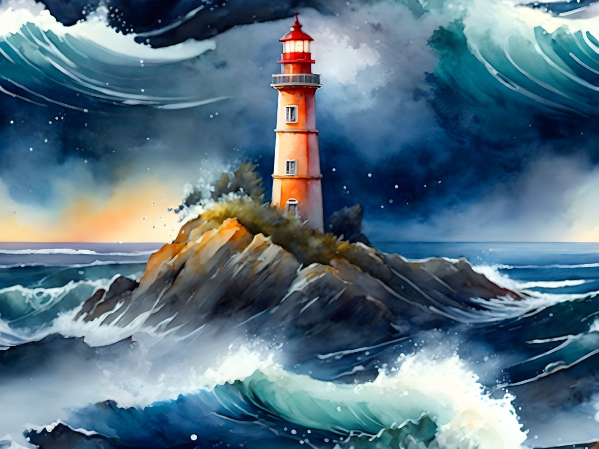 Vivid Watercolor Painting: Red Lighthouse, Stormy Ocean & Sky