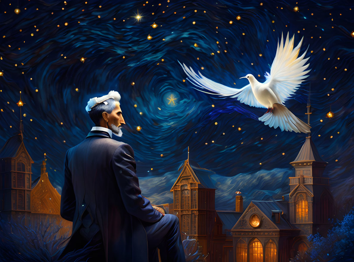 Man in suit contemplates dove under starry night sky with swirling patterns and illuminated buildings.