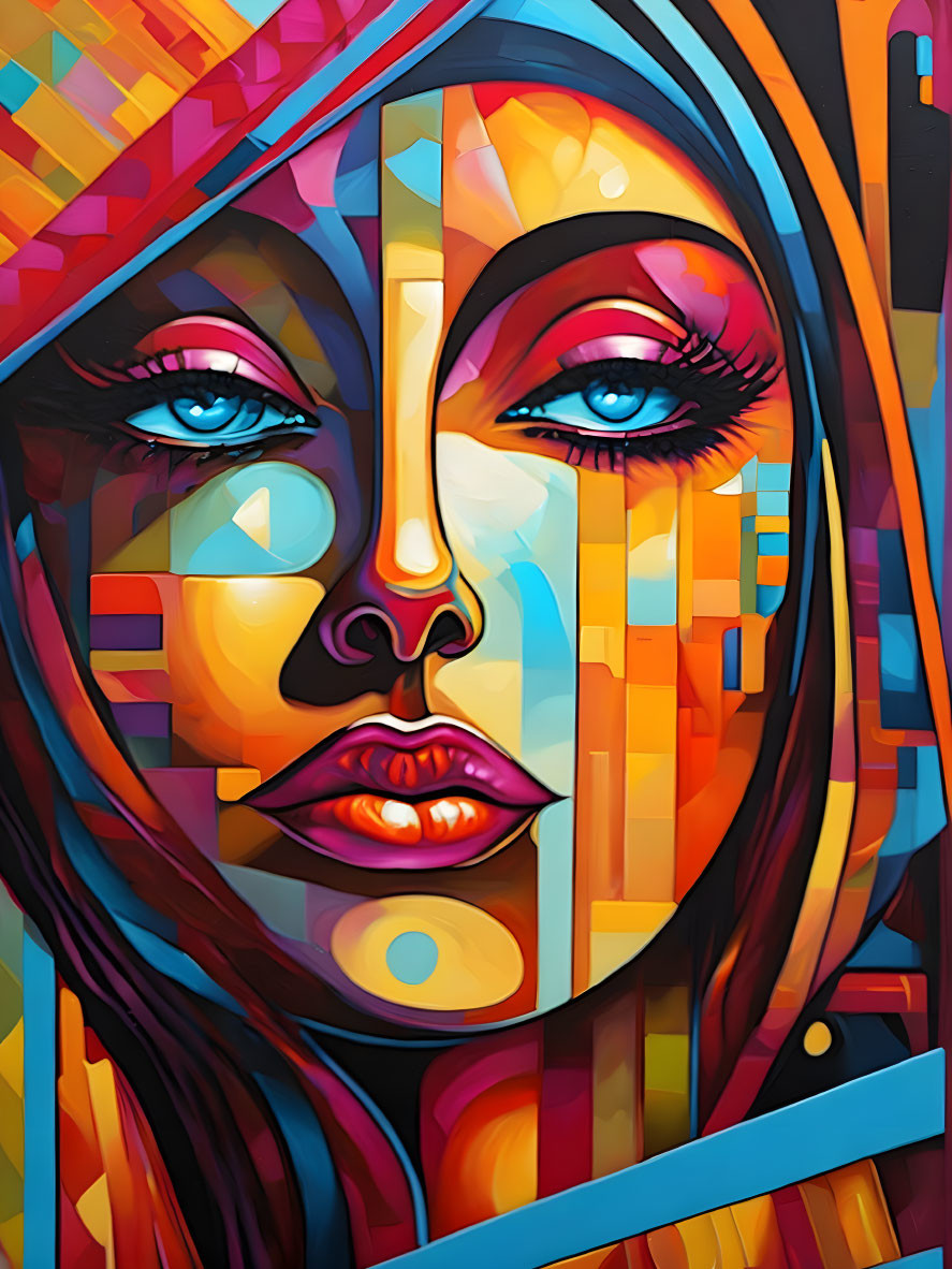 Vibrant geometric mural of woman's face with abstract and realistic features