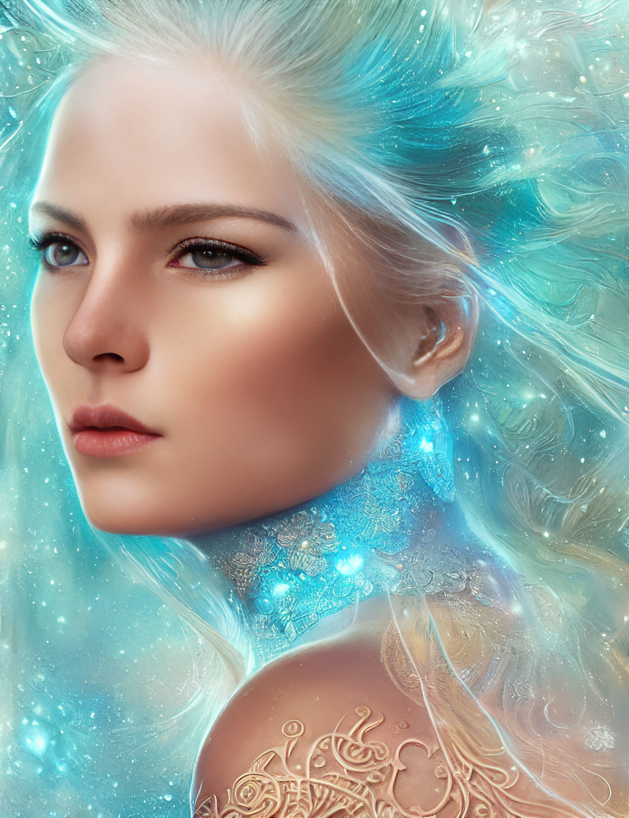 Digital Artwork: Woman with Icy Blue Hair and Frost Patterns