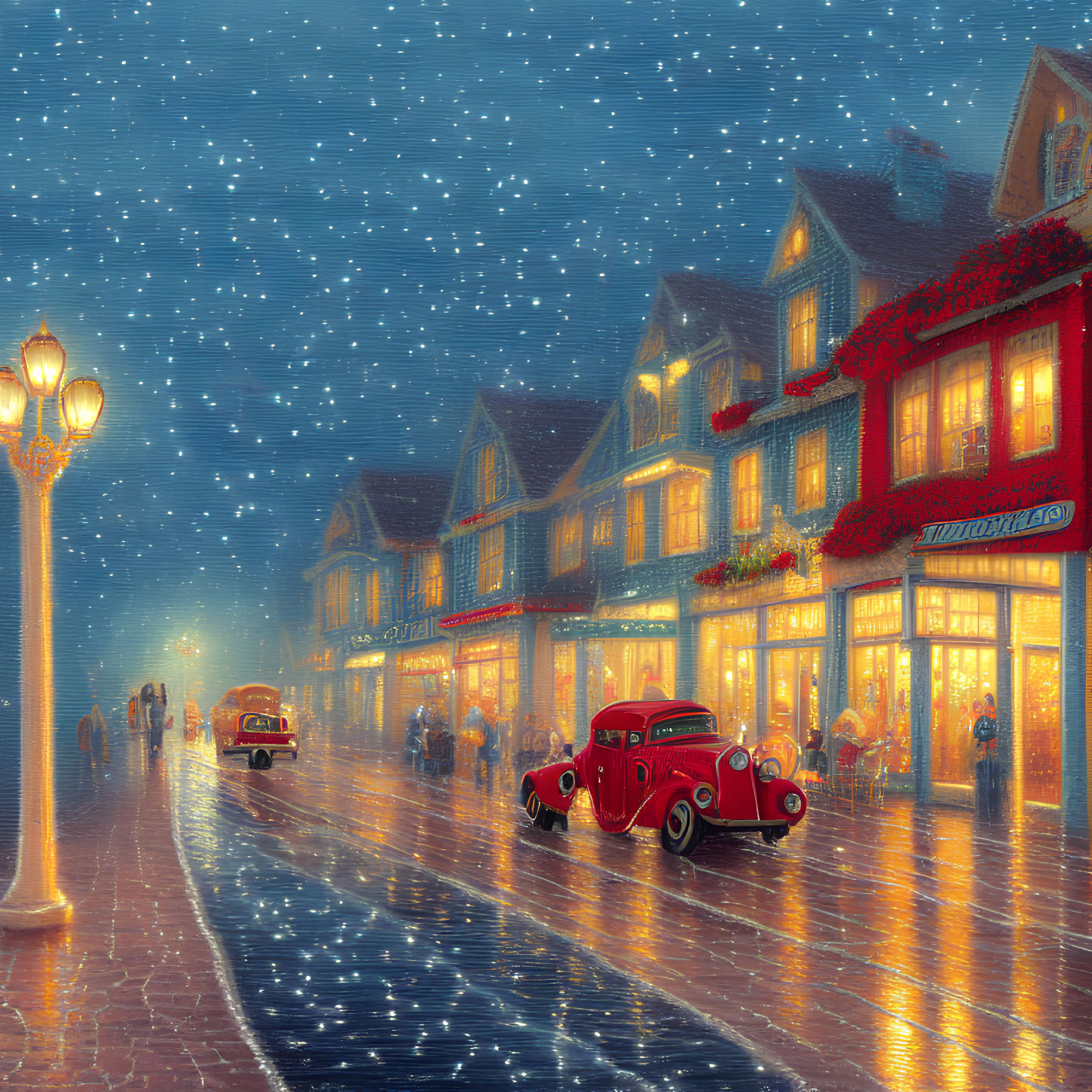 Vintage cars and snowfall in a nostalgic night street scene