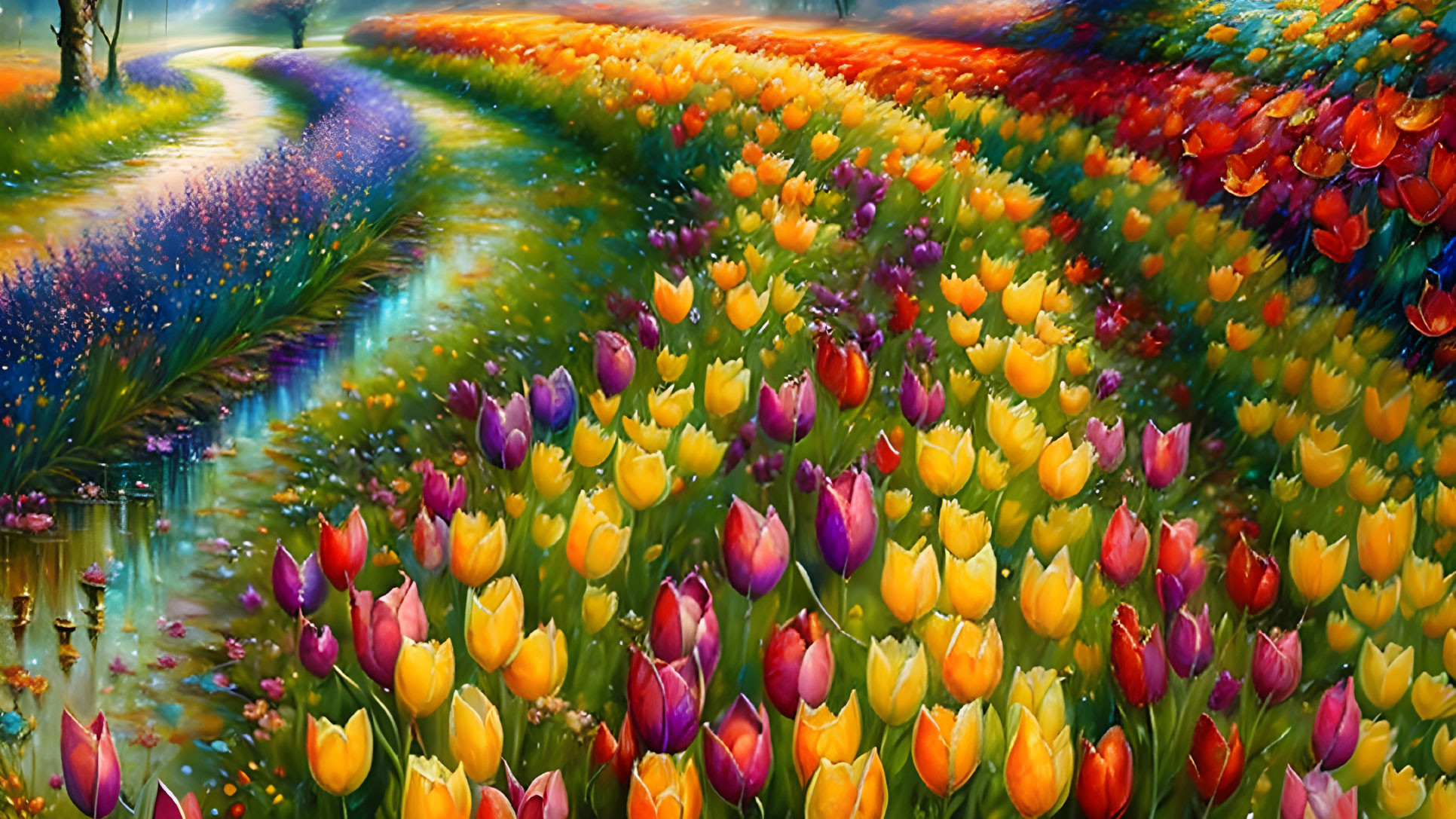 Colorful tulip field and river under bright light