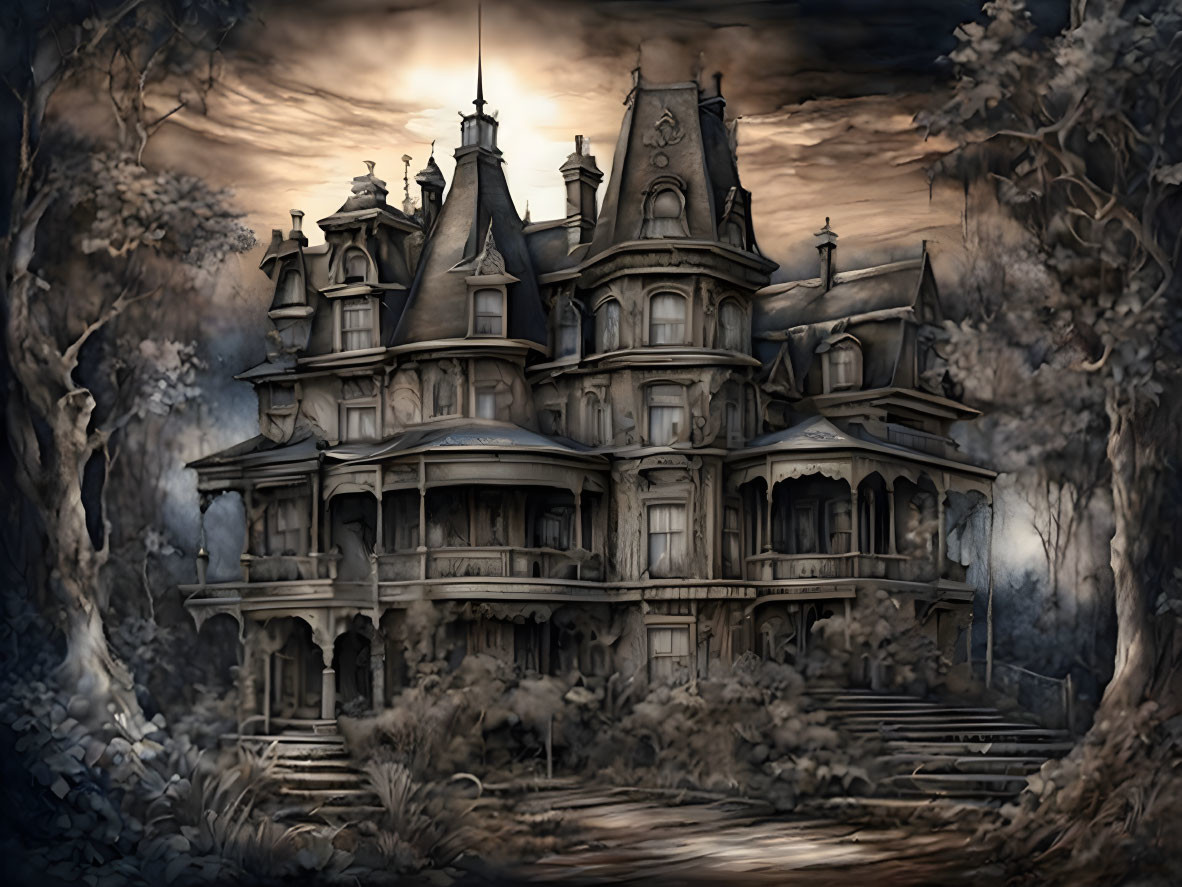 Gothic mansion in eerie setting with barren trees and cloudy sky