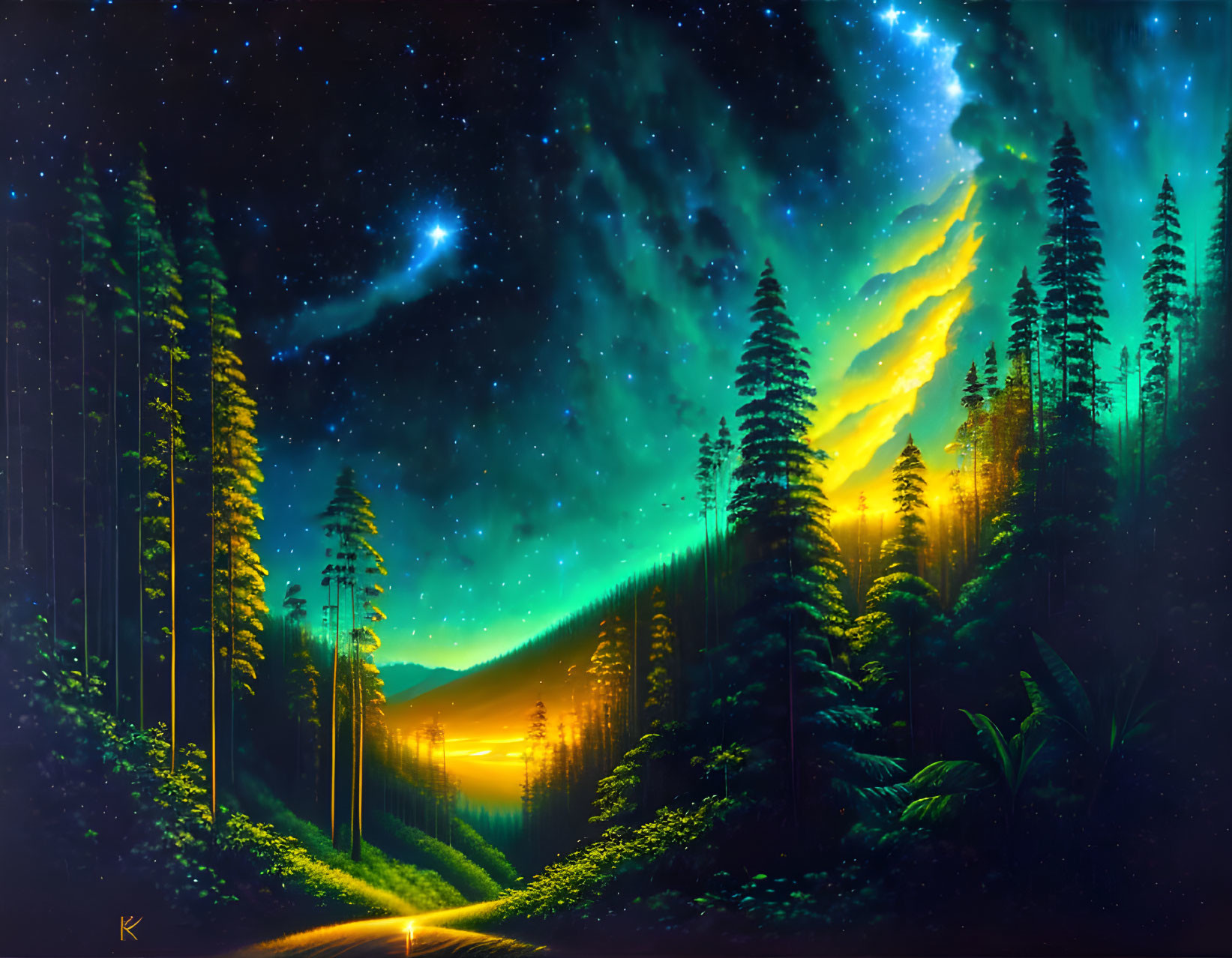 Luminous galaxy over forest, road to glowing lake, radiant lights among trees