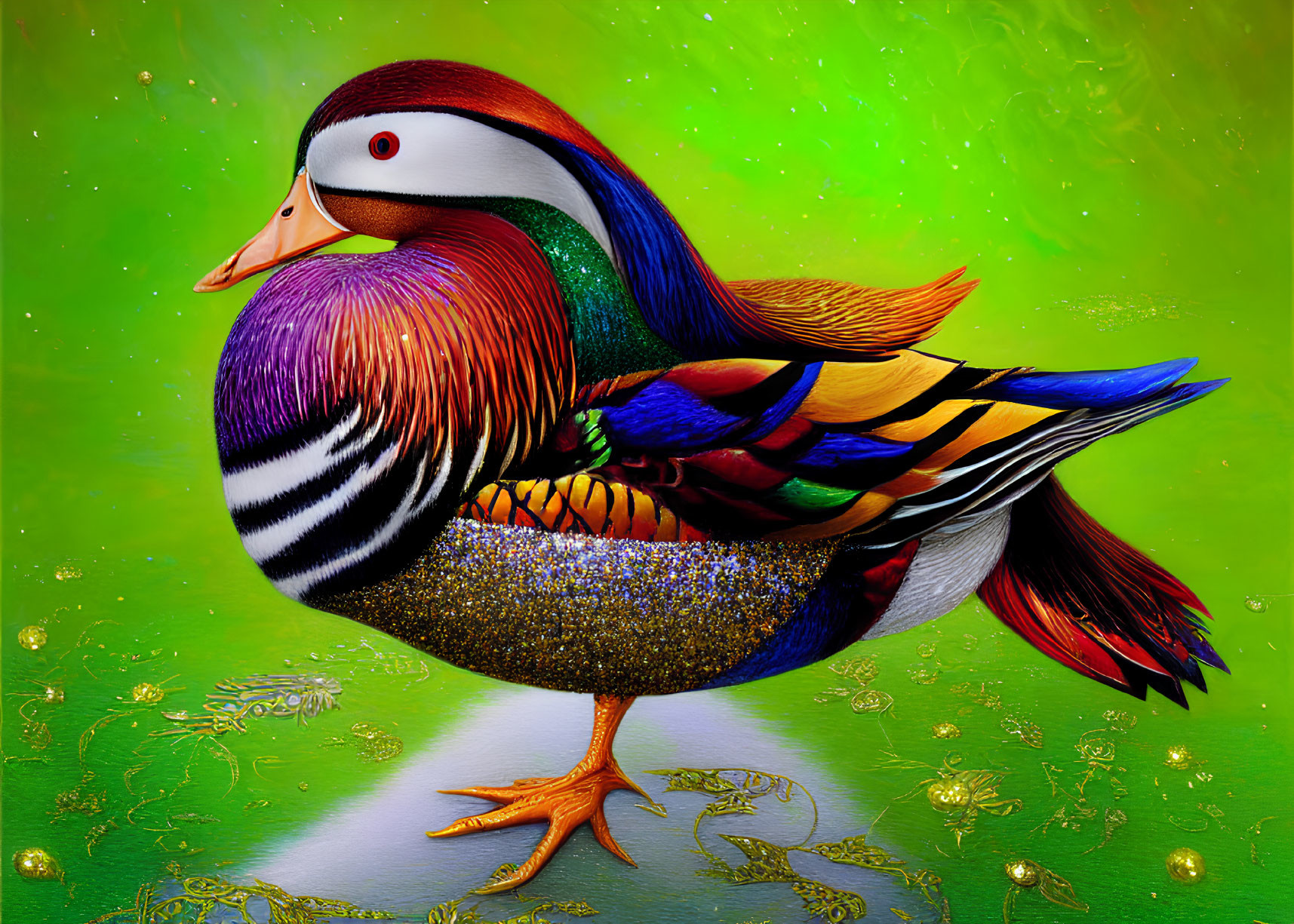 Colorful Mandarin Duck with Multicolored Feathers on Green Background