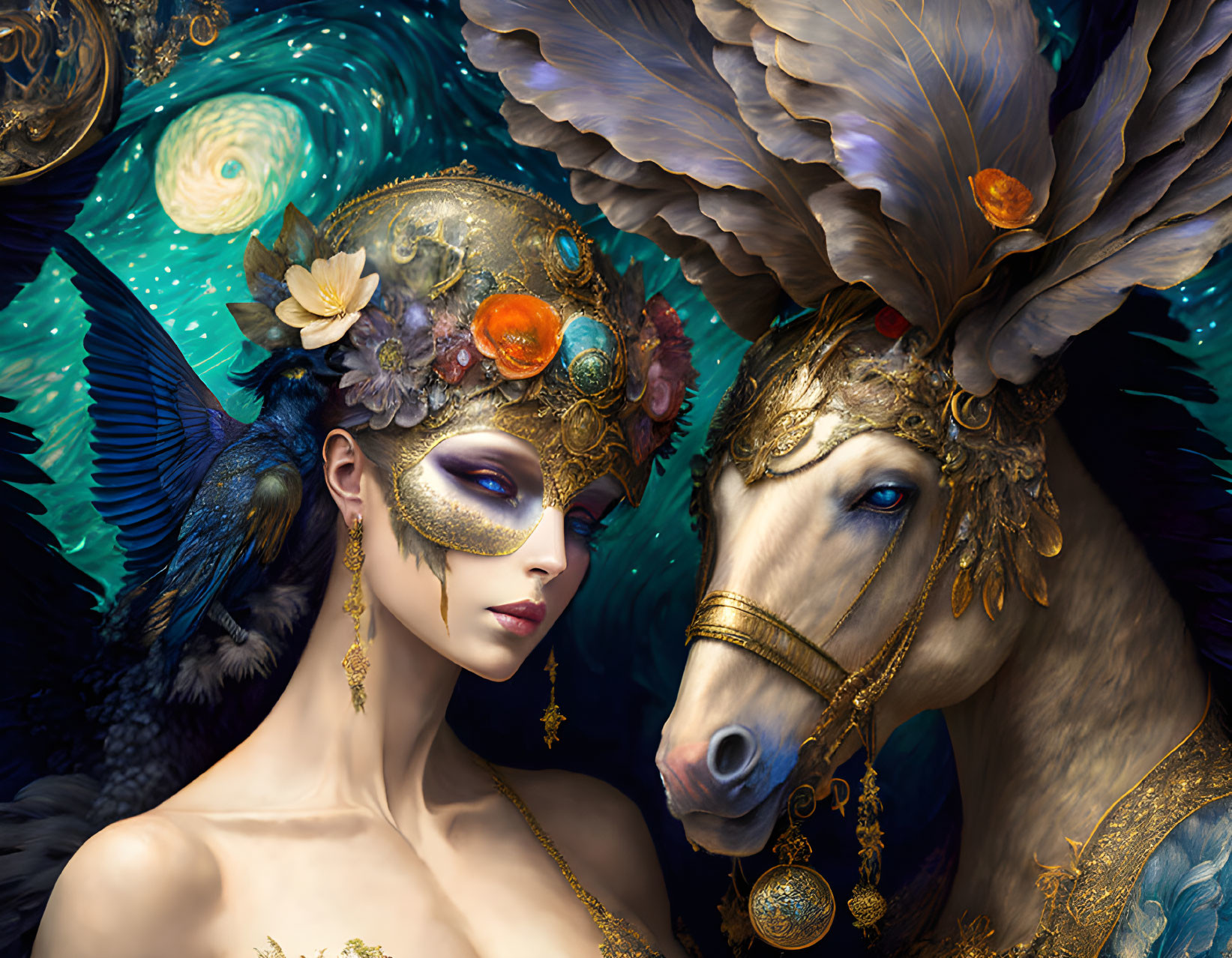 Woman in ornate feathered mask with golden-horned horse under celestial sky