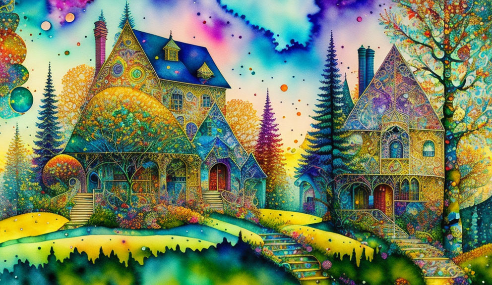 Colorful Surreal Art: Whimsical Houses, Trees, and Orbs Under Starry Sky