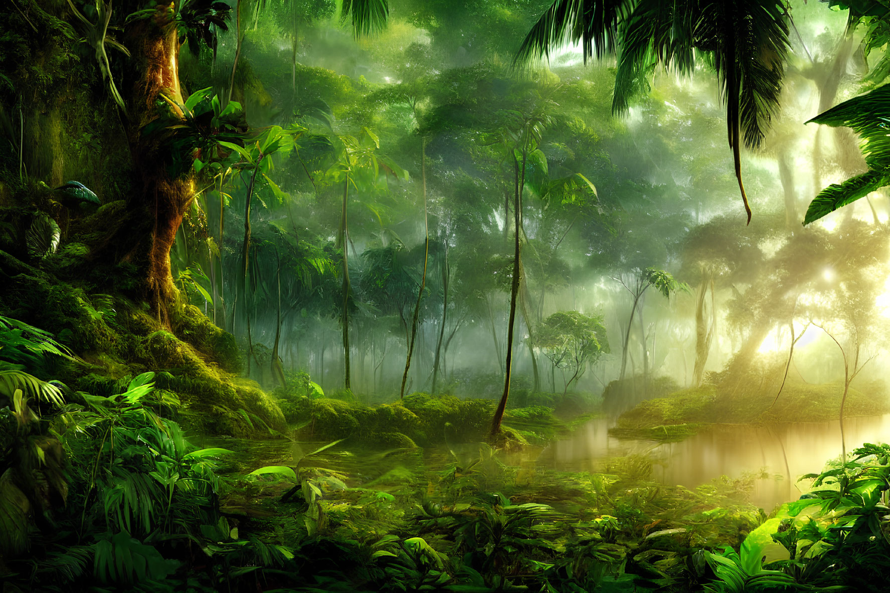 Tropical Rainforest with Towering Trees and Serene River