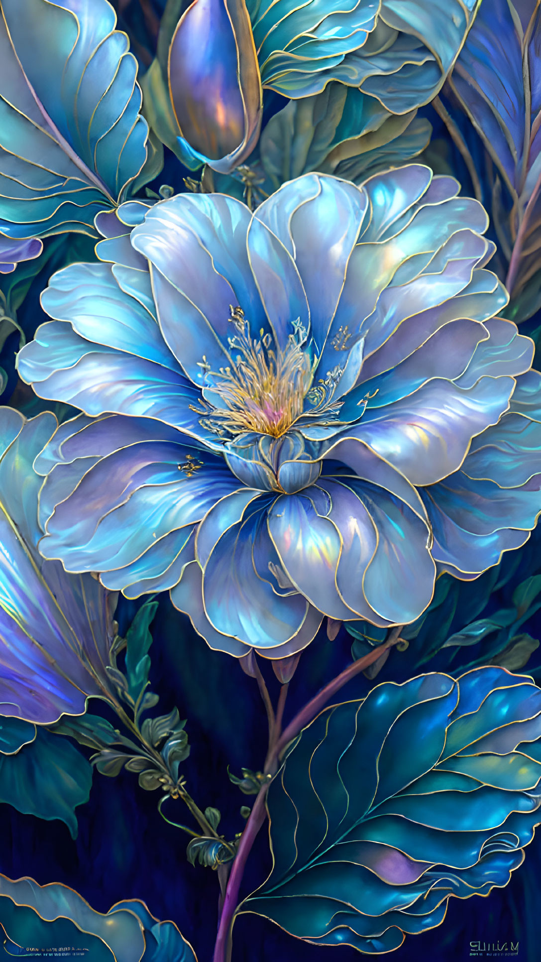 Blue fantasy flower digital painting with luminescent petals and gold accents