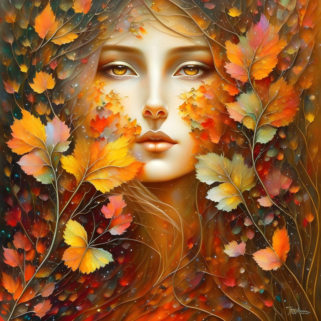 Woman's face in autumn leaves and butterflies collage