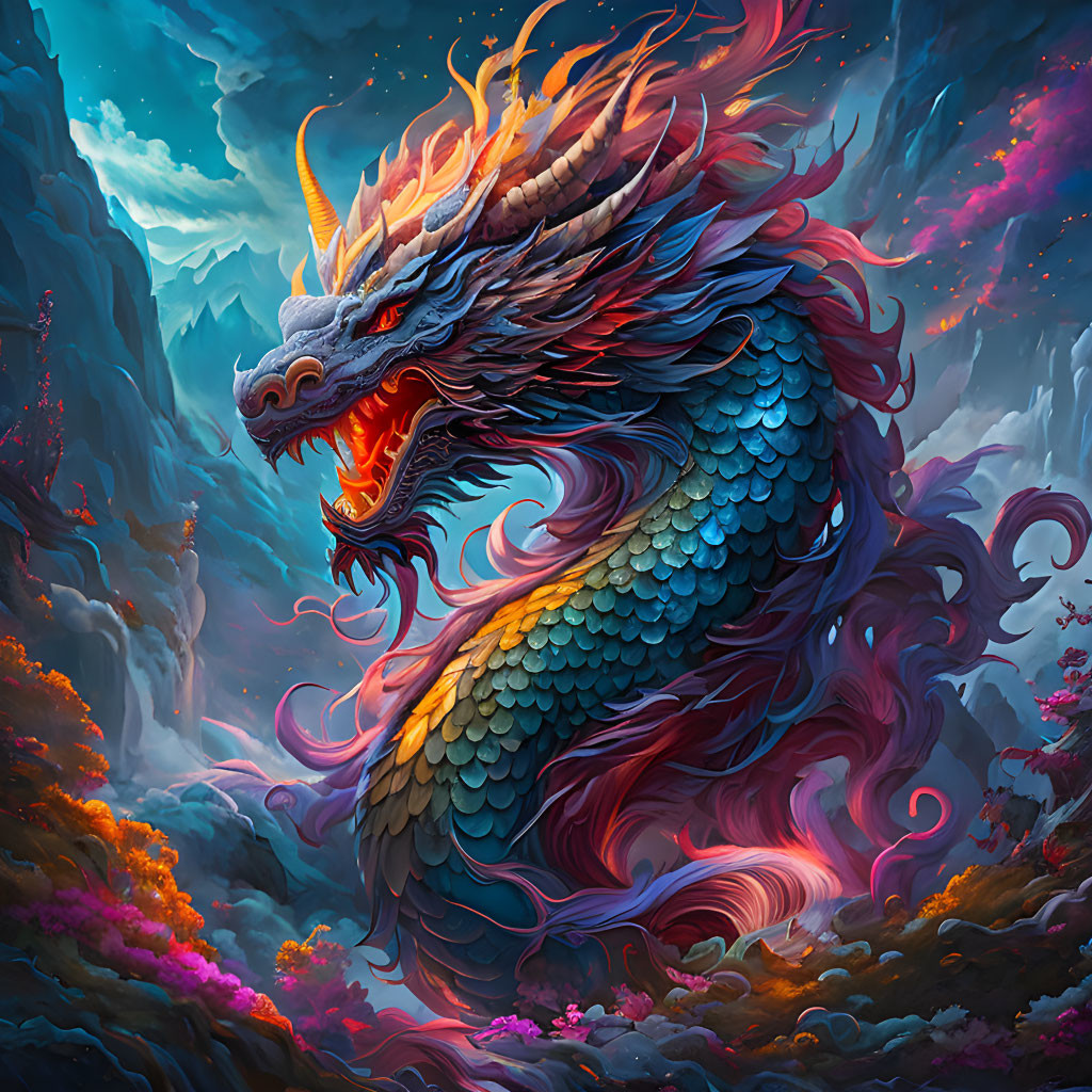 Colorful mythical dragon in mystical landscape with swirling clouds