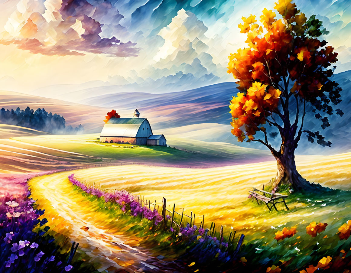 Colorful autumn tree and countryside scene painting with rolling hills, barn, flowers, and dramatic sky