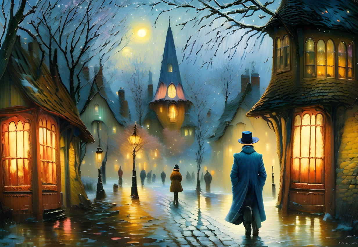 Village Evening Scene with Glowing Lights and Silhouettes