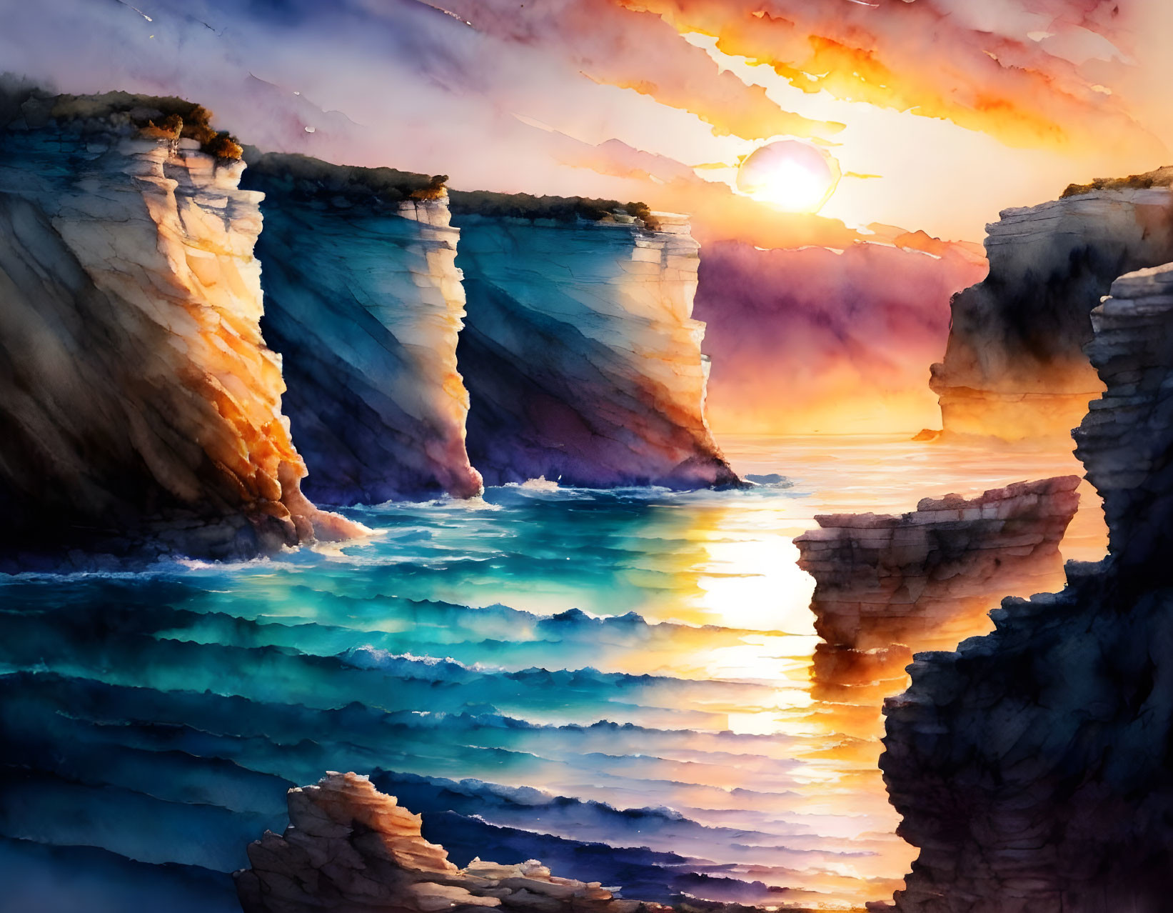 Scenic sunset watercolor painting of sun between sea cliffs