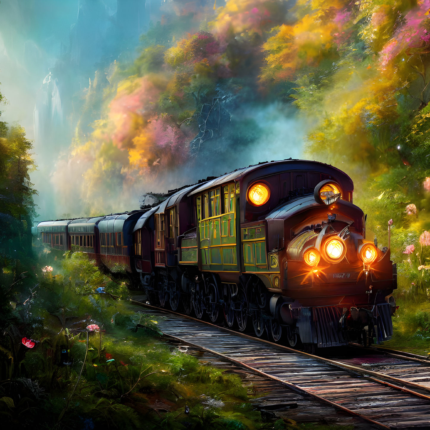 Vintage train in vibrant forest landscape with colorful foliage and mist reflection.