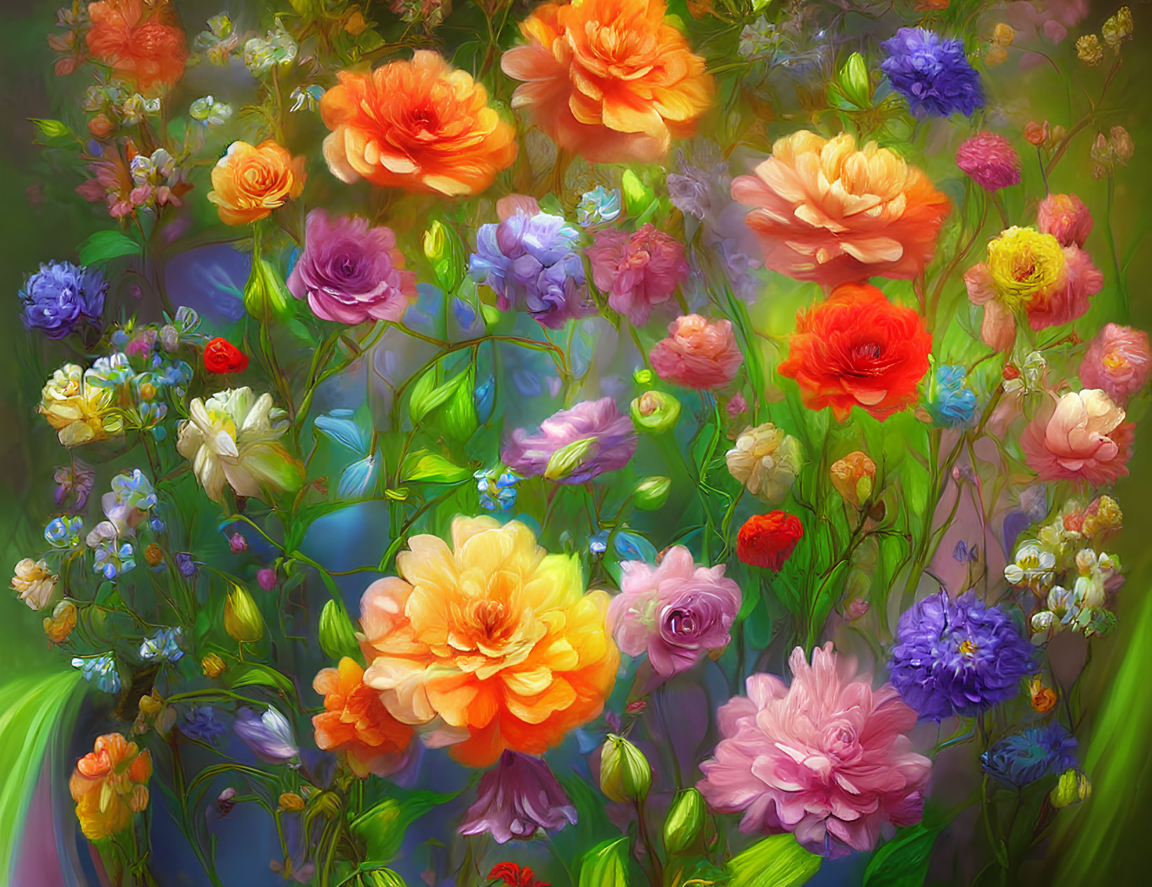 Colorful Impressionistic Floral Painting with Orange, Purple, and Pink Blooms