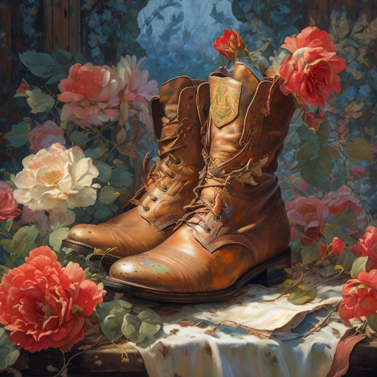 Worn leather boots with floral embossing among blooming roses