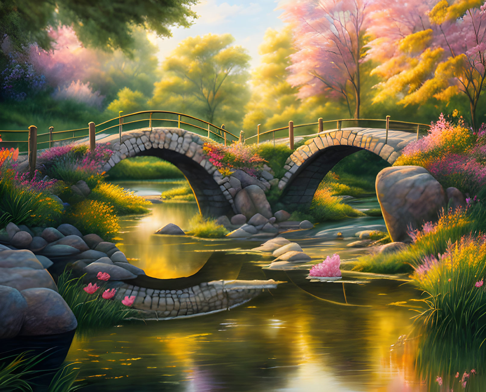 Tranquil river scene with stone bridge and vibrant nature