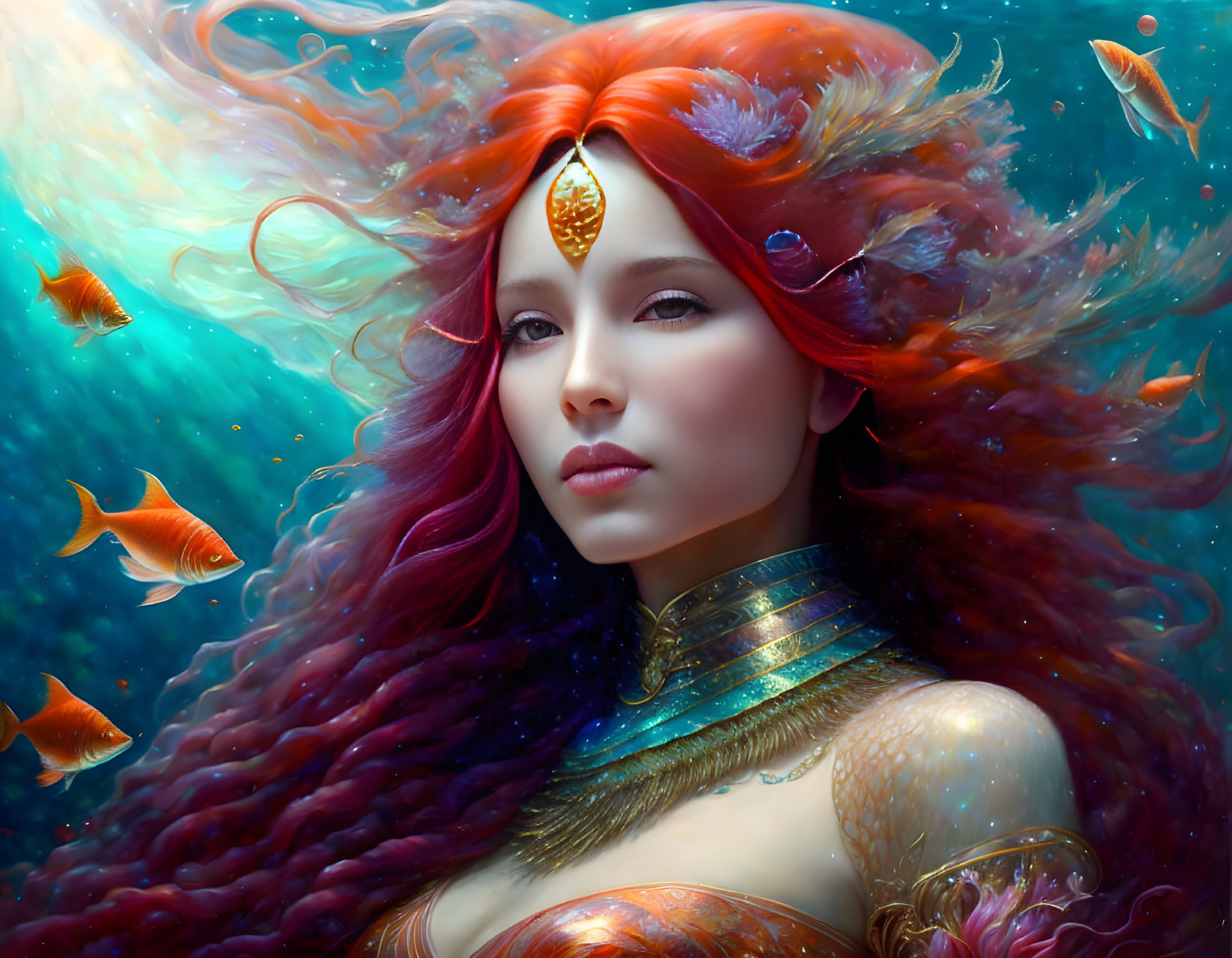 Fantastical red-haired woman with orange fish and flowing hair.